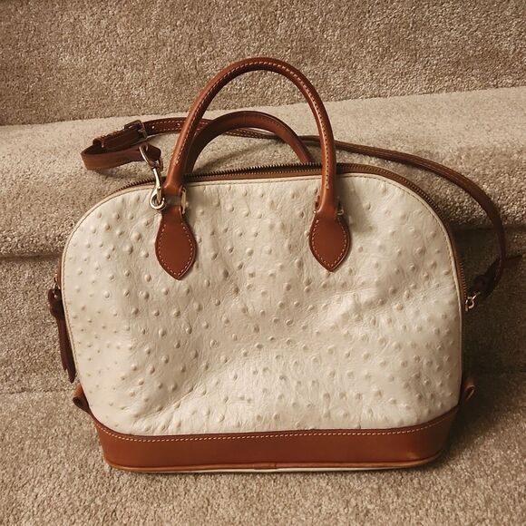 Dooney & Bourke Cream & Brown Ostrich-Inspired Leather Zip Satchel - Picture 2 of 16